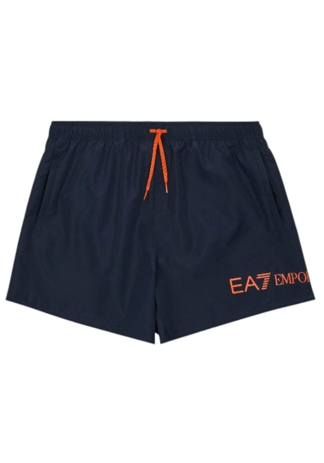 EA7 Emporio Armani - Costume da bagno da uomo, blu navy con logo arancione, coulisse in vita