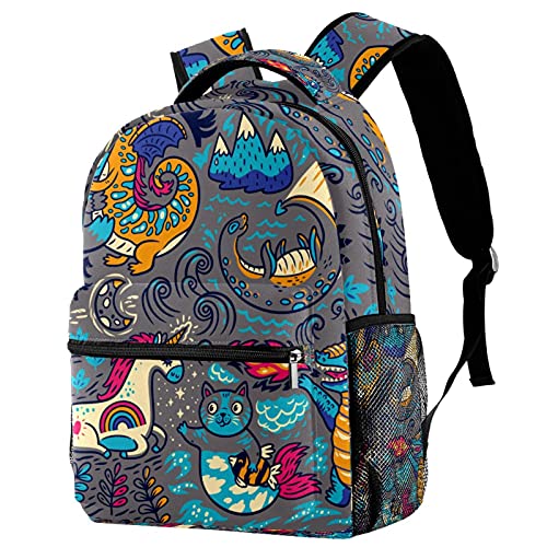 Sac à dos motif licorne et chat avec porte-bouteille pour l'école