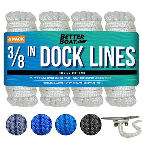 Image of Dock Lines for Boats 3 /8 inch x 15ft, 4 Pack Double Braided Nylon Boat Rope | 12 inch Loop, Marine Grade Mooring Line for Docking, White, Better Boat