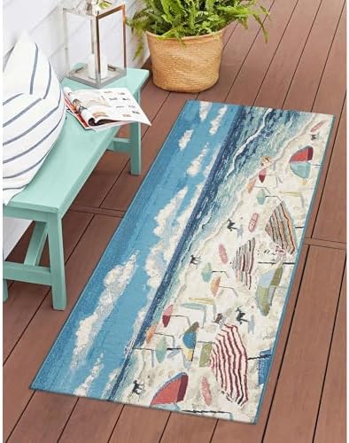 Liora Manne ESENCIA Indoor/Outdoor Power Loomed Latex Back Non Slip Mat - Transitional Whimsical Dog Colorful (Dog Beach Ocean) (1'11" x 4'11")