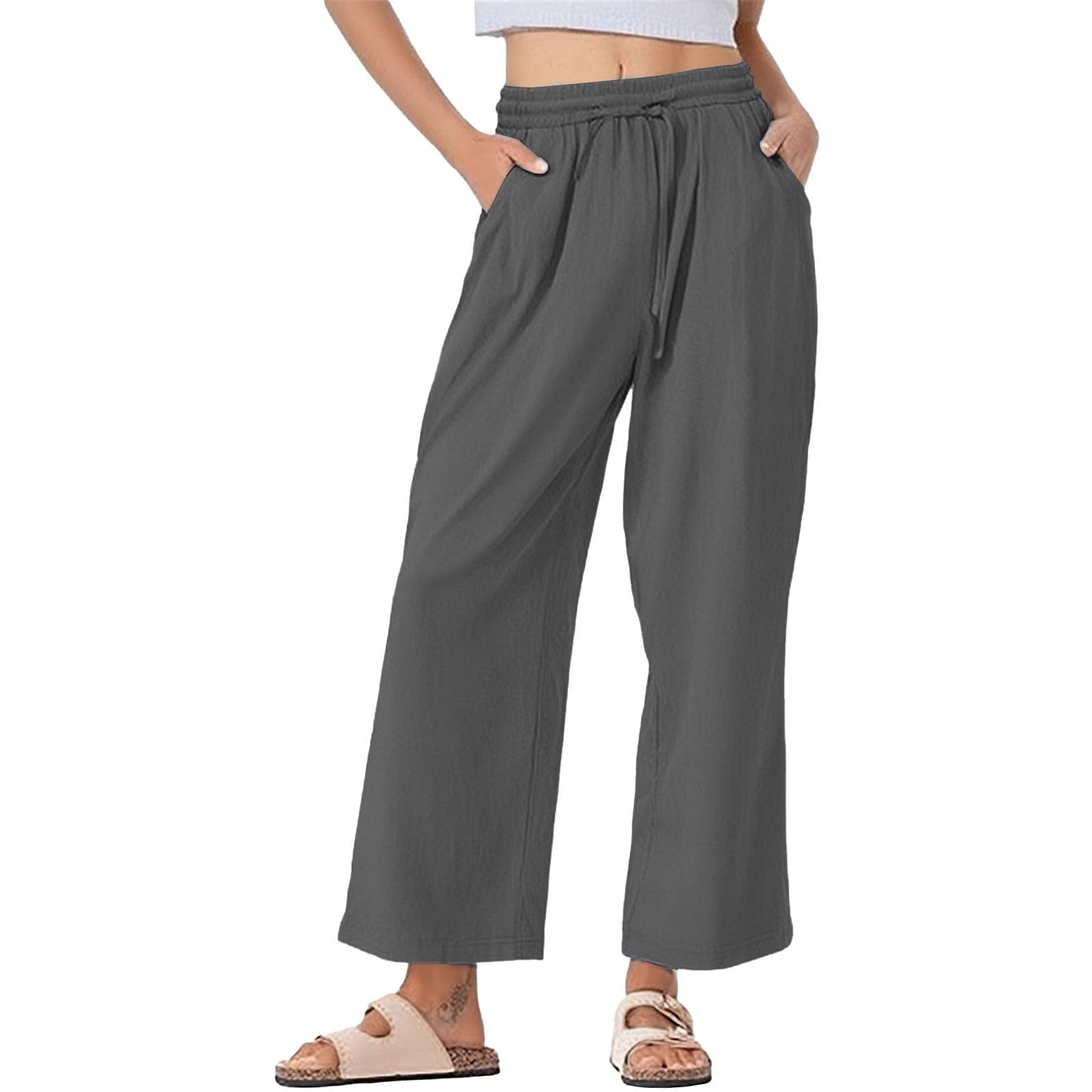 Womens Summer Cotton Linen Wide Leg Pants Drawstring high Waist Palazzo Flowy Beach Trousers