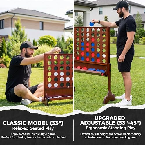 Image of Height Adjustable (2.75-3.75 FT) Giant Wooden 4 in A Row Game | Foldable Tray, 2 Styles of Play: Wall Mounted or Set-up on Ground, Carrying Case, Detachable Legs