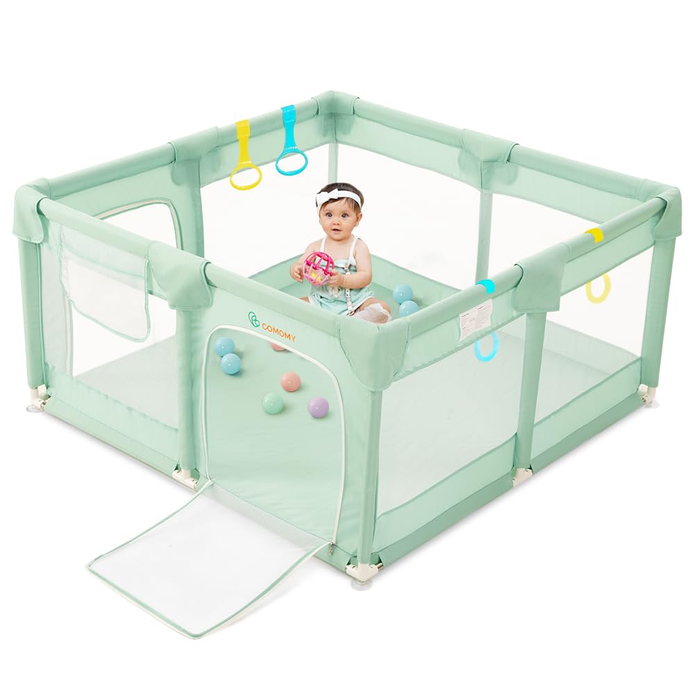 COMOMY Box per Bambini, 127 x 127 x 66 cm Recinto con 4 Pezzi Anelli, Morbida Rete Traspirante, Centro Attività, Verde