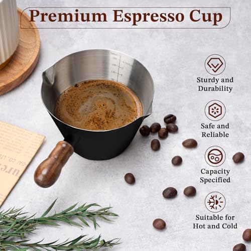 Image of Amrules 6.8oz Espresso Measuring Cup with Wood Handle & Double Spout, Black
