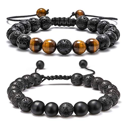 M MOOHAM Lava Rock Bracelets for Men - Tiger Eye Adjustable Beaded Black Matte Agate Bracelet Mens Gifts for Him