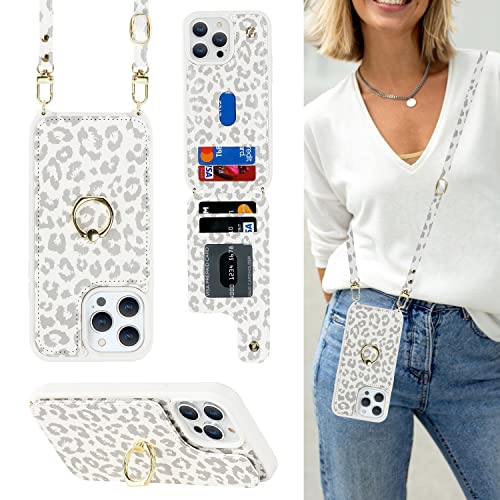 Image of for iPhone 14 Pro Case with Card Holder for Women,Phone Case with Strap,Crossbody Lanyard,RFID Blocking,Ring Stand,Snap Clasp,Cute Wallet Case 6.1 inch(White Leopard)