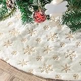 RHESHINE クリスマスツリースカート クリスマス飾り サンタクロースツリースカート円形 雪花柄 スノーフレーク スパンコール刺繡 可愛いツリースカート豪華 ベースカバー オーナメント インテリア 直径78cm ホワイト (ゴールド, 78cm)
