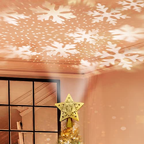 Gosear Tree Toppers, Christmas Tree Star Topper, 2021 Large Tree Toper Lighted with Led Projector Light Snowflake Effect Shimmering Gold Christmas Tree Ornament for Xmas Tree Party Home