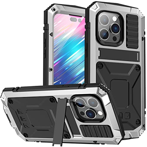 W WINTMING Compatible with iPhone 14 Pro Max Metal Case with Screen Protector Kickstand Military Heavy Duty Shockproof Aluminum Case Hard Protection Cover for iPhone 14 Pro Max Silver