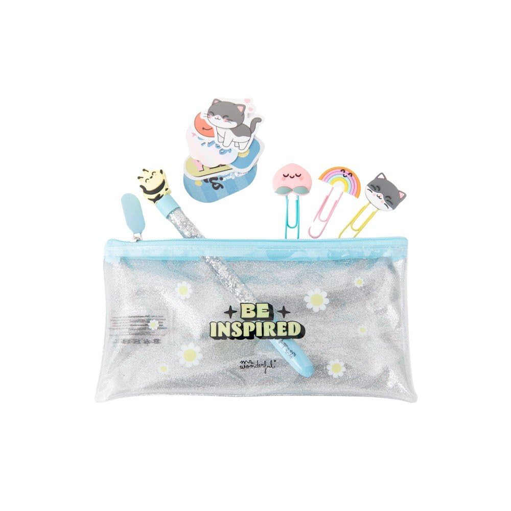 Mr. Wonderful - Set of pencil case + pen + clips + glitter stickers - Be inspired
