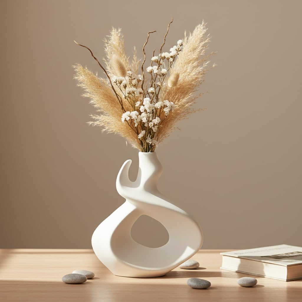 PUREZENTO 'Loop' White Ceramic Vase - 8 Inch (Pack of 1) | Decorative Flower Vase for Modern Home Decor, Living Room, Office & Bedroom | Vases for Pampas Grass, Fresh, Dried & Artificial Flowers-picture-14