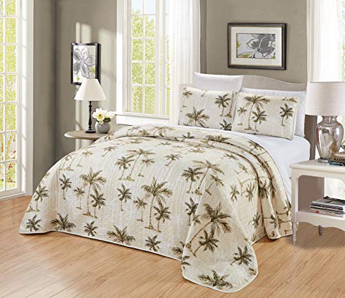 3-Piece Fine Printed Oversize (115" X 95") Tropical Palm Tree King Size Quilt Set Reversible Bedspread Coverlet Bed Cover (Beige, Sage Green, Brown)