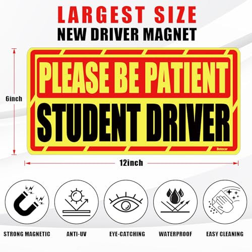 Image of Student Driver Car Magnet, 4 Pack Super Large Please Be Patient Student Driver Signs for Car, Reflective New Driver Vehicle Bumper Magnetic Sticker, Novice Driver Safety Warning Sign, 12x6in
