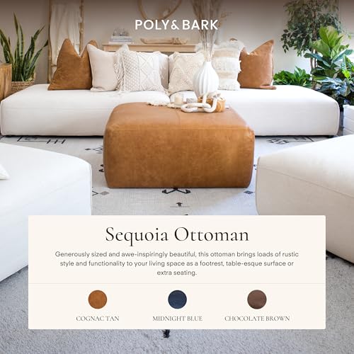 Image of POLY & BARK Sequoia Ottoman - 35 inch Square Pouf with Feather-Down Topper - Full-Grain Leather Upholstered Pouf Ottoman for Living Room - Vintage Italian Leather in Cognac Tan