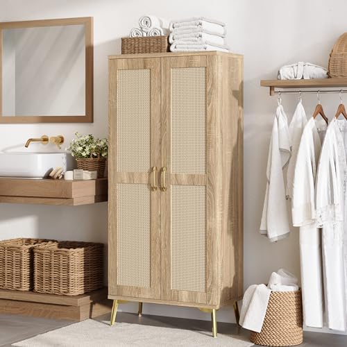 JASIWAY Tall Bathroom Storage Cabinet 57 Rattan Pantry Cabinet Wood