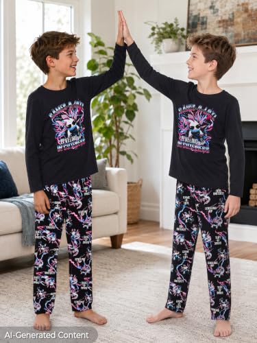 Image of Tebbis Boys Comfy Trendy Print Long Sleeve & Pants Pajama Set Sizes 6-18 | Lightweight Breathable Fabric, 2-Piece PJs, Trendy Printed Jammies for Little & Big Boys, Ideal for Lounging and Sleeping