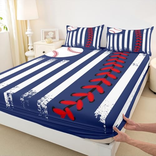Image of Castle Fairy Navy Blue Red Bed Sheet Queen Size,Ball Sports Games Sheets,Kids Baseball Bedding Sets (1 Fitted,1 Flat,2 Pillowcases) Luxury Deep Pocket Bed Sheets