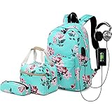Leaper Floral Laptop Backpack School Bag Lunch Bag Pencil Bag 3 in 1 Water Blue