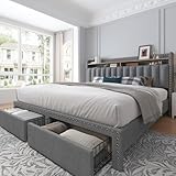 EnHomee Queen Size Bed Frame, Upholstered Queen Bed Frame with 2 Storage Drawers and 2-Tier Headboard, Vertical Tufted Headboard Design, Extra Storage Space for Bedroom Apartment, Grey