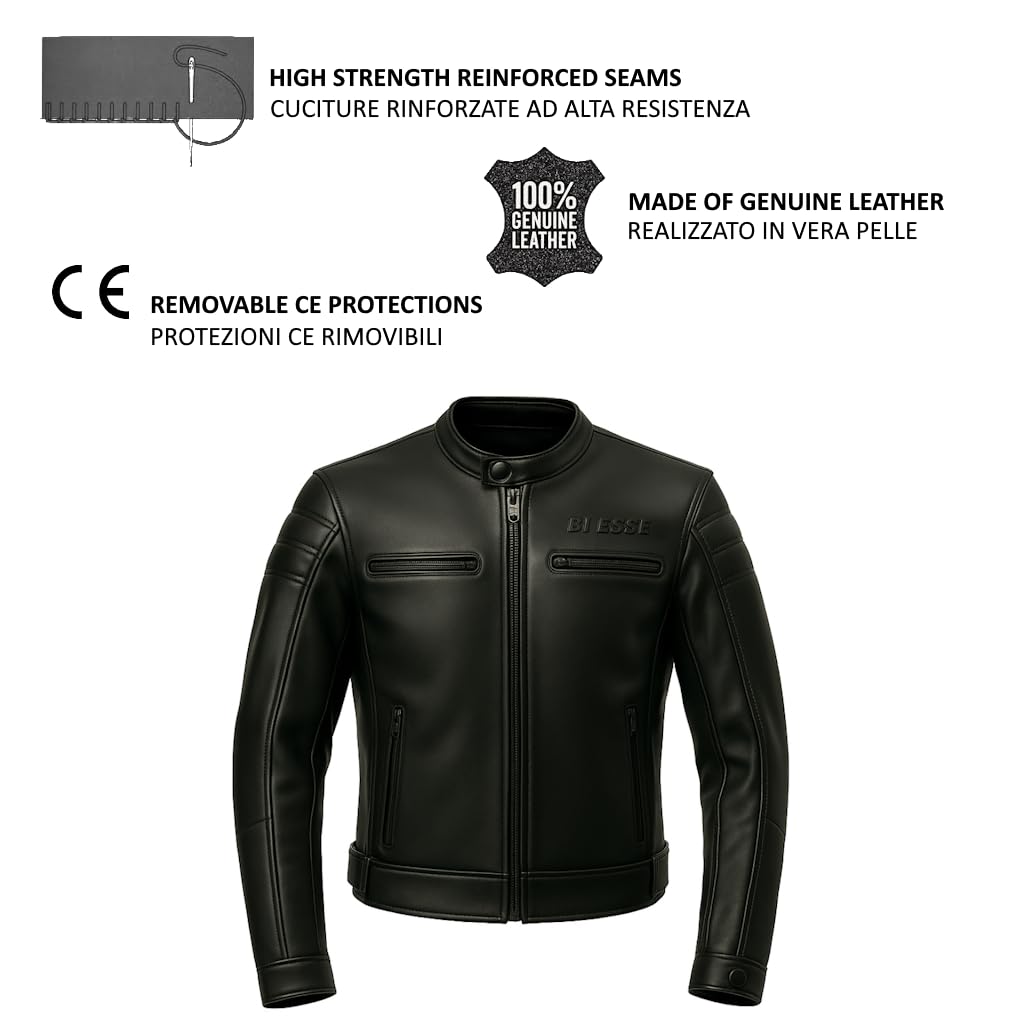 BI ESSE - Giacca in Pelle da Moto Uomo Vintage con Protezioni CE Rimovibili Giubbotto in Vera Pelle Con Fodera Anti-Sudore