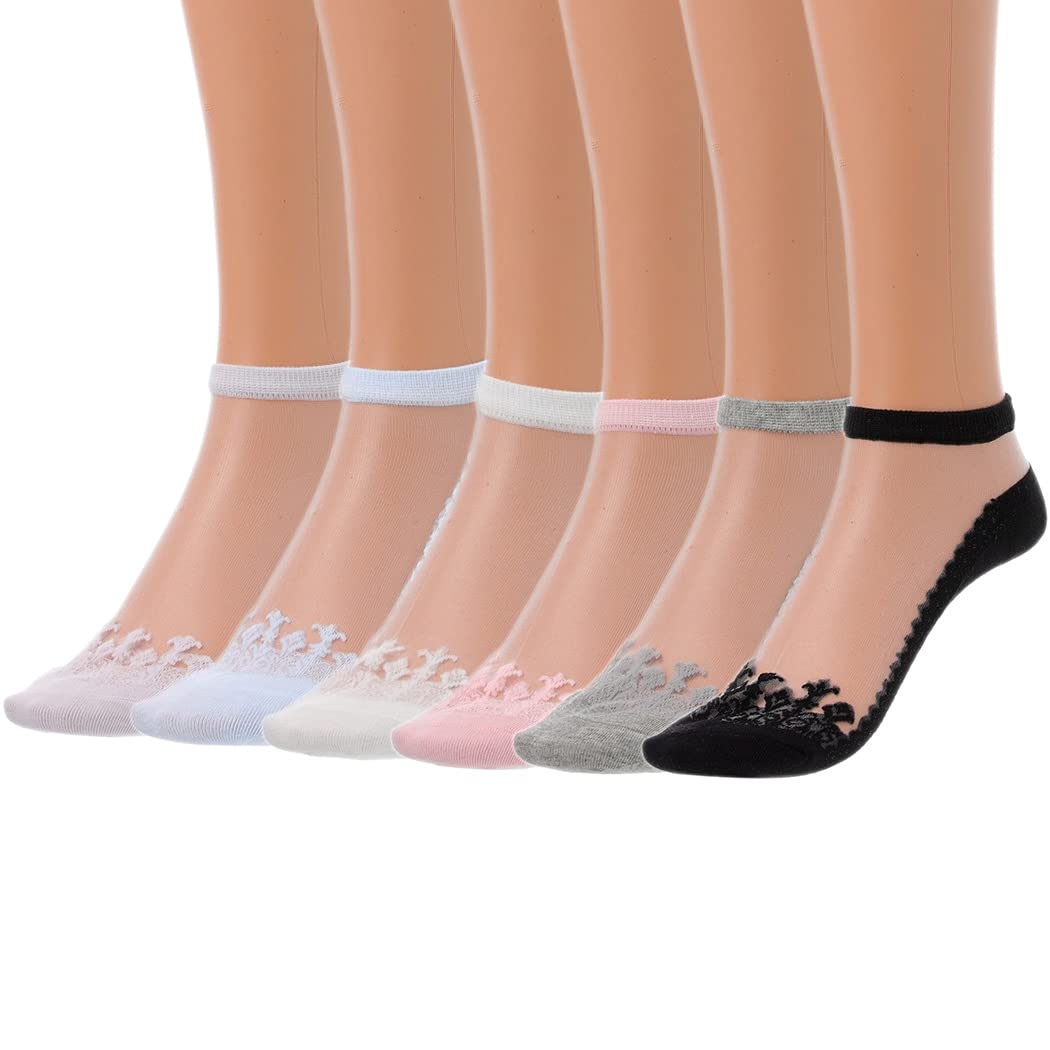 IYOU 6 Pairs Glass Mesh Socks Gray Ankle Sheer Socks Breathable Transparent Lace Short Socks for Women