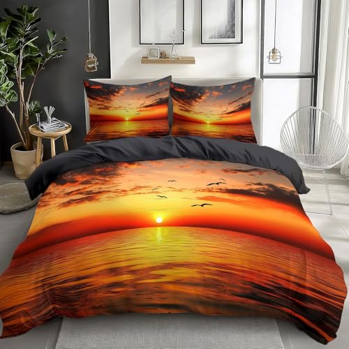 Quixora Housse de Couette Coucher de Soleil sur la mer Thème, 220 x 240 cm – Douce et Résistante aux Rides, Gris foncé Violet Parures de lit, Parfaite...