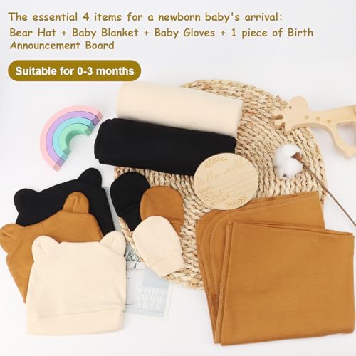 Image of BQUBO 3 Sets Cotton Baby Swaddle Blankets Swaddling Wrap with Hats Mittens Newborn Soft Silky Nursery Receiving Blanket Cute Bear Ears Hat Elastic Gloves Set for Unisex Baby 0-3 Months