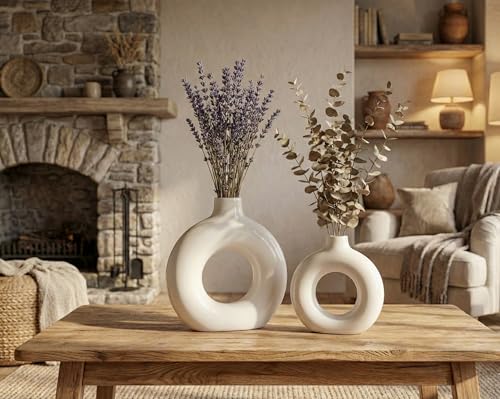 Image of Ceramic Donut Vase Modern Flower Vase | Decorative Centerpiece Vase for Pampas Grass Dried Flowers | Minimalist Home Office Table Decor | Handcrafted Gift (9+6 Inch (Pack-2))