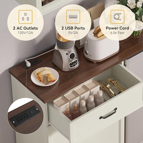 DWVO Coffee Bar Cabinet with Mini Fridge Space Storage & Charge Station, Wall-Mounted Kitchen Pantry Cabinets with Glass Doors & Wine Storage & Glass Racks for Home Living Dining Room, White Walnut