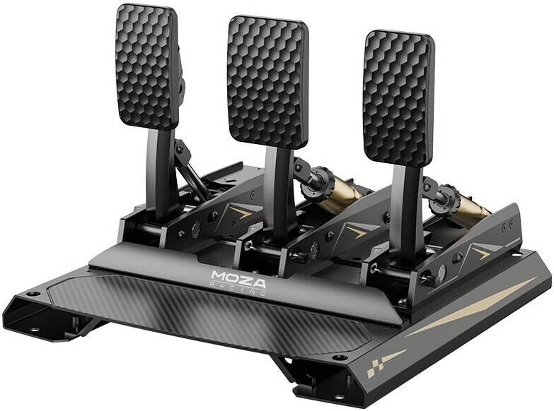 Image of MOZA CRP2 Load Cell Pedals with Clutch - 3K Twill Carbon Fiber Heel Plate, Aerospace-Grade Aluminum, Dual Sensor (Load Cell + Angle), Adjustable Pedal Curve, Black | RS066 + RS067 (3 Pedals)