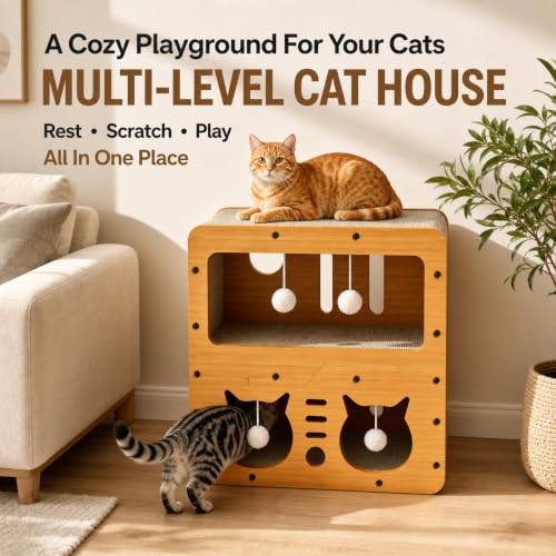Casa rascador para gato 6 en 1 con bolas de peluche colgantes miniatura 4
