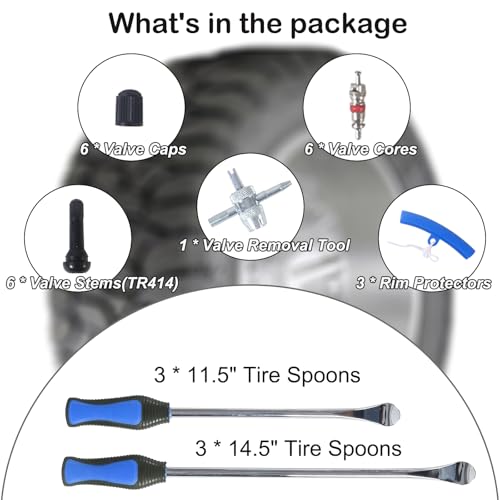 Image of 14.5 inch&11.5 inch Steel Tire Spoons Tool Set, 28Pcs Tire Changing Tools, Motorcycle Tire Changer, Dirt Bike Tire Levers, 6 * Tire Spoons, 1 * Valve Removal Tool etc. (Blue)