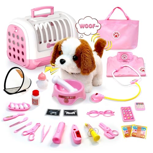 UBeesize Electronic Dog Toy Doctor Kit for Toddlers 3-5, Kids Doctor Play Set with Interactive Plush Dog, Medical Toy Kits and Costume, Pretend Vet Playset for 3 4 5 Year Old Girl Birthday Gifts Pink