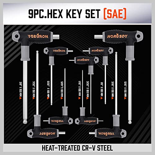Image of HORUSDY 18-Piece T-Handle allen wrench set, Inch /Metric Long Arm Ball End Hex Key Wrench Set, MM(1.5mm-10mm) SAE(1 /16 inch-3 /8 inch)
