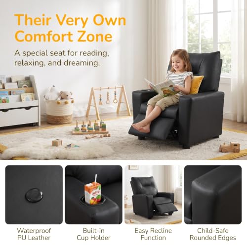 Image of 23 inch PU Leather Recliner Chair with Cup Holder and Recline, Black