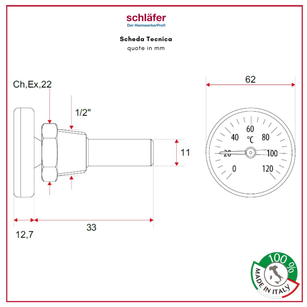 Schläfer 0930170 | Thermomètre bimétallique avec gaine, raccord fond du boîtier en acier inoxydable, immersion axiale 1/2 » échelle 0-120 °C » Boîtier multifonction 63 mm
