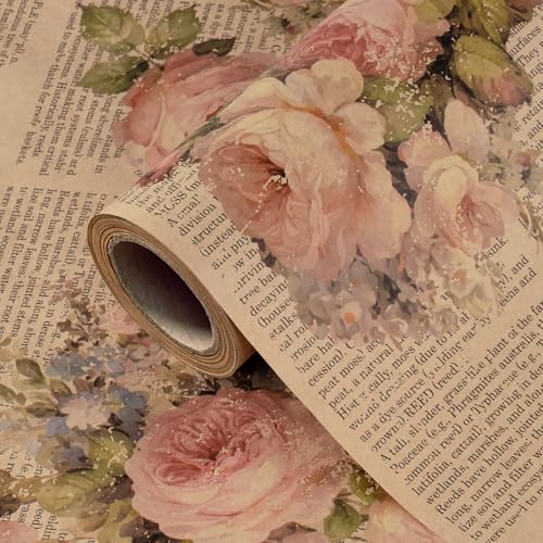 WRAPAHOLIC Kraft Vintage Floral Wrapping Paper - Mini Roll - 17 Inch x 16.5 Feet - Pink Retro Rose Flower Letter Print Newspaper Kraft Wrapping Paper for Birthday Wedding Bridal Shower Anniversary