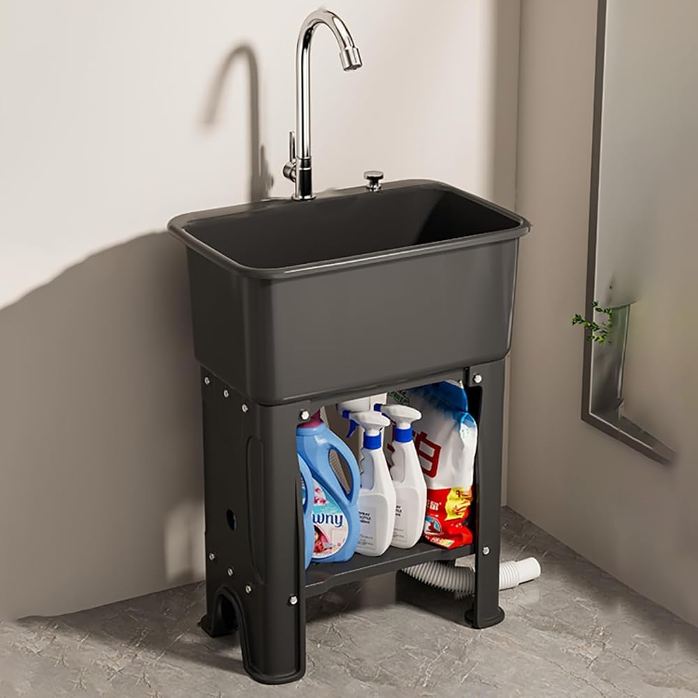 ZQFHSX Plastic Utility Sink - Free Standing Commercial Laundry with Faucet and Storage Shelves for Outdoor Garage Restaurant Kitchen