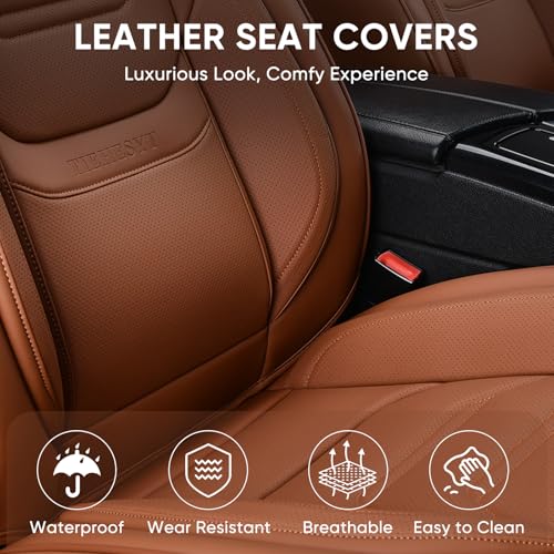 Image of TIEHESYT Car Seat Covers Full Set, Breathable Leather Automotive Front and Rear Seat Covers & Headrest for Reduce The Driving Fatigue, Compatible with Most Vehicles, Cars (Brown, Front Pair)