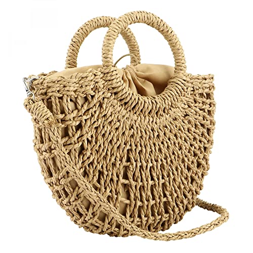 YYW Straw Woven Top Handle Bag Summer Retro Rattan Straw Handbag Shoulder Bag Crossbody Bag with Removable Shoulder Strap3