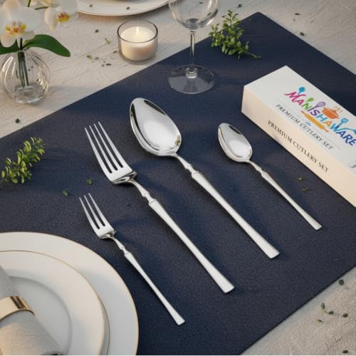 Image of 4 Pcs Silver Stainless Steel Cutlery Set for Dining Table | 1 Dinner Spoon, 1 Dinner Fork, 1 Dessert Spoon & 1 Fruit Fork (Perfect Spoon Fork Set for Kitchen)