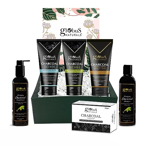 Globus Naturals Charcoal Detox Gift Box, Set Of 6 – Face Wash, Face Scrub, Peel off mask, Shampoo, Conditioner, Soap, For Oily, Combination, Sensitive & Acne Prone Skin, Both Men & Women