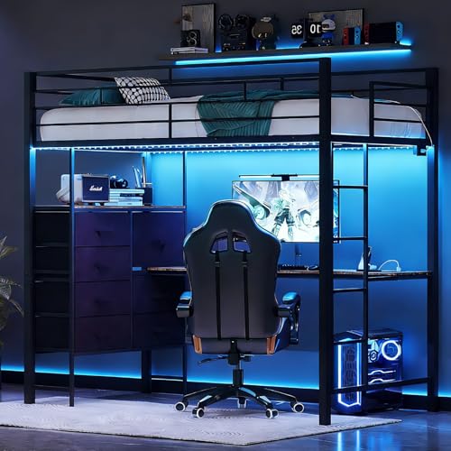 Image of VINGLI Full Loft Bed 15 Inch Extra Tall Safety Guardrail, 7 Drawers Dresser, and Flat Rungs, LED High Double Sleeper with 2 Charging Stations,and Desk, Heavy Duty Space Saving Bed, Black