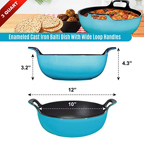Enameled Cast Iron Balti Dish With Wide Loop Handles, 3 Quart, Turquoise - Thumbnail 2