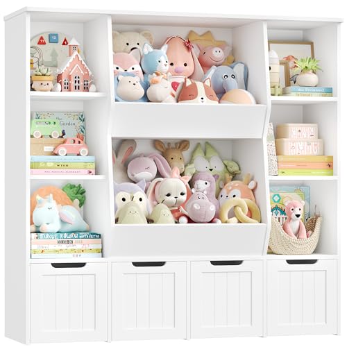 FINETONES Toy Organizers and Storage with 4 Movable Drawers, Large Toy Storage Organizer with 8 Open Storage Cubbies, Kids Bookshelf and Toy Storage with Hidden Wheels for Playroom, Kids Room,White