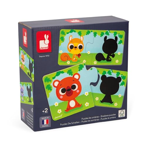 Janod - Puzzle Animales y Sus Sombras - 12 Puzzles de 2 Piezas de Cartón - Juego Educativo - Motricidad Fina y Concentración - Producto FSC y Tintas Vegetales - Desde 2 años - J02701
