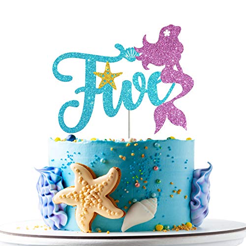 Mermaid Five Cake Topper, Happy 5th Birthday Cake Decor, I'm Five Sign, Little Mermaid Birthday Party Decoration Supplies, Daughter of the Sea, Under the Sea Themed, Ocean Themed - Glitter