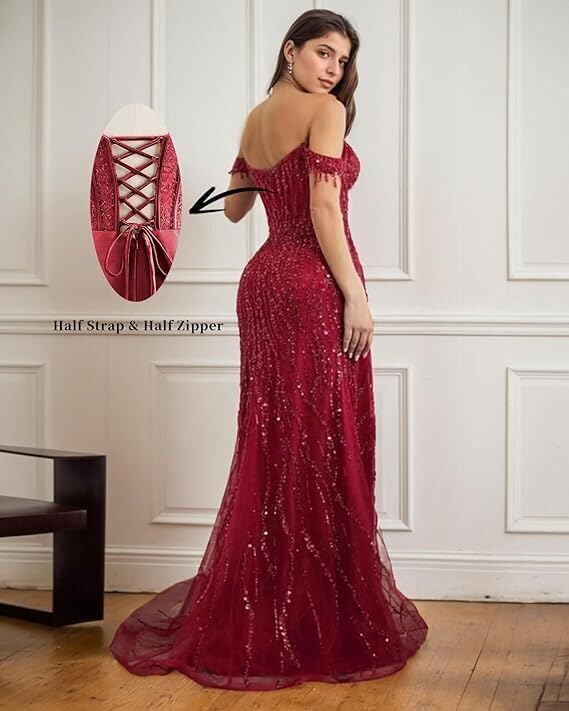 Off Shoulder Prom Dress 2025 Sequins Mermaid Tulle Ball Gowns for Women Formal Beading with Slit P10432