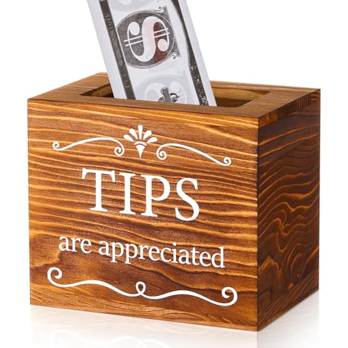 Vesici Wooden Tips Jar Tip Collection Box 6 x 4 x 5 Inch Donation Bucket Money Coin Storage Container Suggestion Box Raffle Cash Box for Bartender Restaurants Bars Musicians Driver(Burnt Wood)