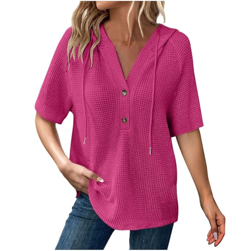 AYSDSKI Sudadera de manga corta con capucha para mujer, monocolor, con capucha, cuello de pico, sudadera suelta, primavera, verano, blusa de manga corta, informal, adolescentes, niñas, camiseta
